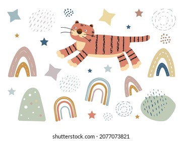 Cute striped tiger with rainbow, stars, clouds set. Illustration for nursery. Vetor flat illustraion.