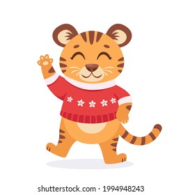 Der gerötete Tiger windet. Jahr des Tigers. Tigerwürfel im Pullover. Vektorgrafik