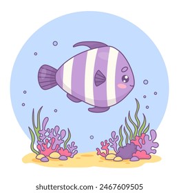 Cute striped tropical fish with algae, coral and sandy bottom. Underwater world with cartoon kawaii character. Vector illustration. Kids collection