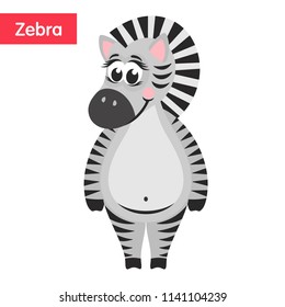 Cute striped Zebra. Funny cartoon character on white background. Flat design. Isolated object. Colorful vector illustration for kids.