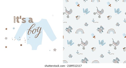 Atrapador, botella de leche y pacificador con un patrón sin fisuras de arcoiris para la textil de bebé y la decoración de diseño. Ilustración moderna de un niño recién nacido