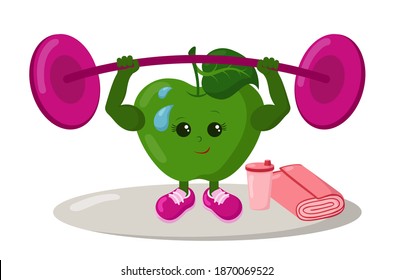 Cute strong apple athlete with sneakers, barbell, shake drink and towel. Colorful smiling kawaii fruit emoticon. Isolated sport training vector illustration.