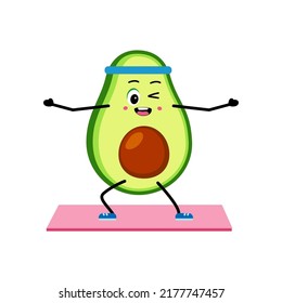 Cute strong avocado character do fitness exercises. Cartoon Avocado,  gym, health, fitness. Vector illustration concept healthy lifestyle. Symbols, isolated clipart.