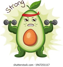 Cute strong avocado character with muscle and dumbbells. Emoji stickers with avocado.