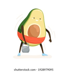 Cute strong avocado exercising with weight and training its muscles. Funny fruit with happy face lifting dumbbell during workout. Colored flat cartoon vector illustration isolated on white background