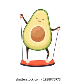 Cute strong avocado training its muscles at exercise machine isolated on white background. Funny fruit with happy face doing fitness. Colored flat cartoon vector illustration of vegetable working out