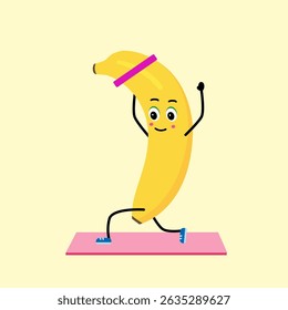 Cute strong banana character meditate in yoga pose. Cartoon Lemon gym, health, fitness yoga meditate concept. isolated clipart. Vector illustration .