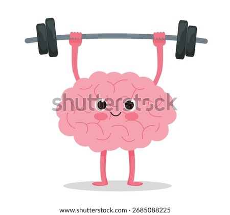 Cute strong brain character lifting up weight barbell for brain training exercise concept