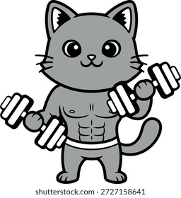 Cute Strong Cat Lifting Dumbbells – Fitness Cartoon Vector Illustration