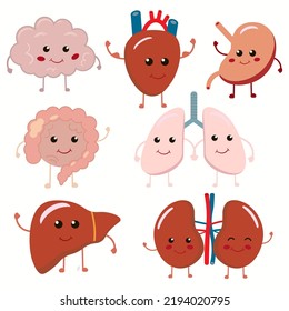 Cute Strong Happy Human Healthy Strong Organs Set. Vector Cartoon Character Illustration Icon Design. Isolated On White Background