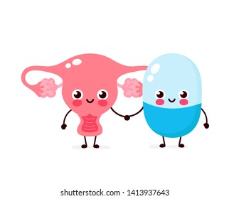Cute strong happy smiling pill and uterus character. Vector flat cartoon illustration icon design. Isolated on white background. Pill character concept