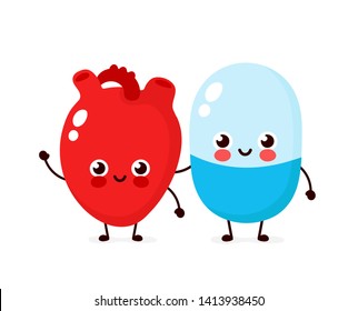 Cute strong happy smiling pill and heart character. Vector flat cartoon illustration icon design. Isolated on white background. Pill character concept