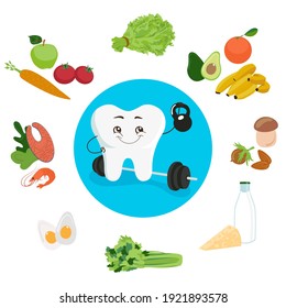 A cute strong healthy tooth is surrounded by wholesome food. A set of products for a dental diet. Flat vector illustration