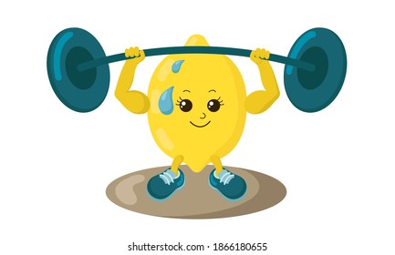 Cute strong lemon athlete with sneakers and barbell. Colorful smiling kawaii fruit emoticon. Isolated sport vector illustration.