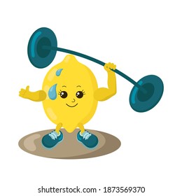Cute strong lemon athlete with sneakers and barbell. Colorful smiling kawaii fruit emoticon. Isolated sport training vector illustration