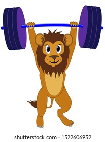 cute strong lion practicing with barbell