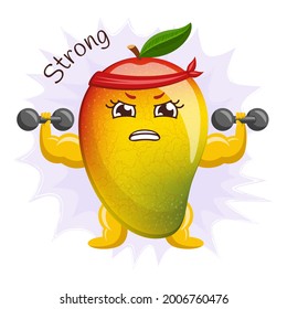 Cute strong mango character with muscle and dumbbells. Emoji stickers with mango.