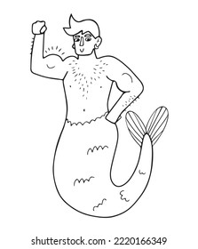 Cute strong merman with hair on his chest showing his muscles. Isolated hand drawn vector illustration in doodle style
