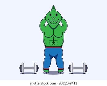 Cute strong muscular crocodile bodybulder with dumbell character vector icon illustration. Isolated flat design.