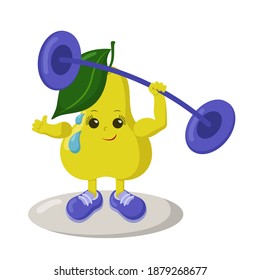 Cute strong pear athlete with sneakers and barbell. Colorful smiling kawaii fruit emoticon. Isolated sport training vector illustration.	