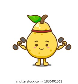 Cute strong pear fruit. Vector illustration of chibi character isolated on white background.