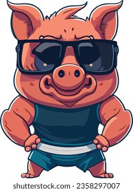 Rein, aber kräftiges Schwein, das seine Muskeln zeigt. Cartoon Anime Vector Icon Illustration. Konzept des Tiersportsymbols einzeln. Flacher Vektorgrafik-Stil