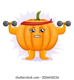 Cute strong pumpkin character with muscle and dumbbells. Emoji stickers with pumpkin.