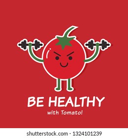 Cute strong red tomato lifting weights. Concept of the benefit of tomato, be healthy with tomato. - vector illustration