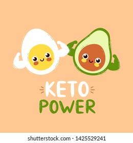 Cute strong smiling happy avocado and egg show muscle biceps. Keto power card design.Vector flat cartoon character illustration icon design. Isolated on white background.Avocado character concept