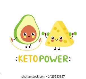Cute strong smiling happy avocado and cheese make gym. Keto power card design.Vector flat cartoon character illustration icon design. Isolated on white background.Avocado and cheese character concept