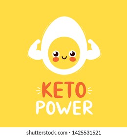 Cute strong smiling happy egg show muscle biceps. Keto power card design.Vector flat cartoon character illustration icon design. Isolated on white background.Egg character concept