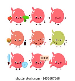 Cute strong stomach set. Healthy and unhealthy human organ face mascot.Vector cartoon character illustration icon design.Healthy food,nutrition,stomach pain,ache,illness,gut medicine problem concept