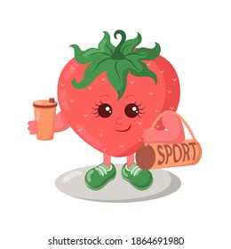 Cute strong strawberry athlete with sneakers, sports bag and shake drink. Colorful smiling kawaii fruit emoticon. Isolated vector illustration.