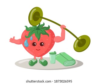 Cute strong strawberry athlete with sneakers, barbell, shake drink and towel. Colorful smiling kawaii berry fruit emoticon. Isolated sport training vector 