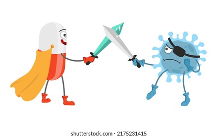 Cute strong superhero pill fighting against virus on swords vector illustration. Medication and infection battle isolated on white background. Medical capsule tablet fighting microbe