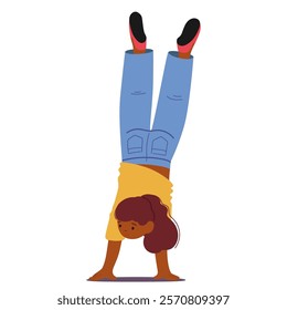 Cute strong talented girl child cartoon character performing handstand upside down gymnastic trick demonstrating balance and flexibility isolated on white background. Athletic kids vector illustration