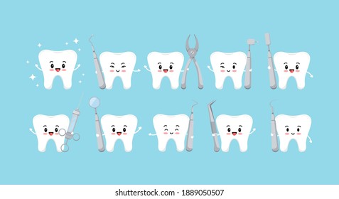 Cute strong tooth molar and teeth with dental tools icons set isolated on blue background. White sweet teeth sign with stomatology instruments in hands vector flat design cartoon style illustration.