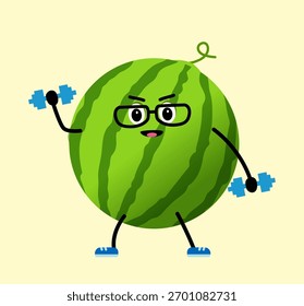 A cute, strong watermelon. The concept of classes in the gym with the image of watermelon, health, fitness. Vector illustration in flat style.
