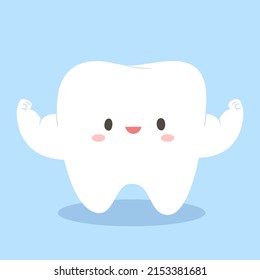 Cute And Strong White Tooth Smiling On Light Blue Background. Healthy Tooth Cartoon For Kids, Oral Health, Dental Education, Decoration, Dentistry. Flat Vector Illustration.