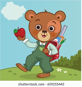 Cute student bear with his back bag (Vector illustration)