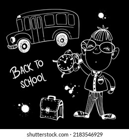 A cute student boy with an alarm clock and a briefcase goes to school. Back to school. Drawing with chalk on a blackboard. Vector
