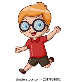 Cute student boy cartoon waving hand