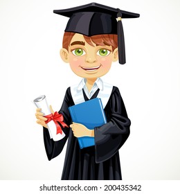 Cute student boy holding a diploma and schoolbook