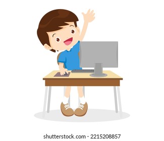 Cute Student Boy Learning Computer Raising Hand