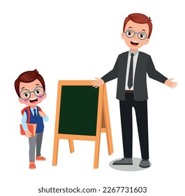 cute student boy in school uniform reading a book and teacher