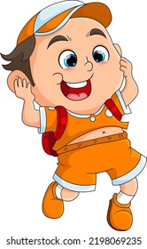 The cute student boy is wearing the sporty costume of illustration