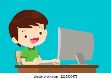 cute student boy working with computer so smart