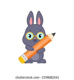 Cute student bunny. Flat cartoon illustration of a funny little black rabbit with glasses hugging a big pencil isolated on a white background. Vector 10 EPS.