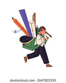 Cute student carries big backpack with stationery. Tiny kid with huge pencils, pens in rucksack. Child with study supplies. Back to school sale concept. Flat isolated vector illustration on white