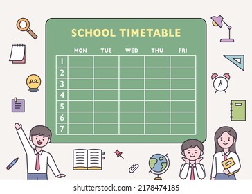 Cute student characters in front of school class time table. school icons. flat design style vector illustration.